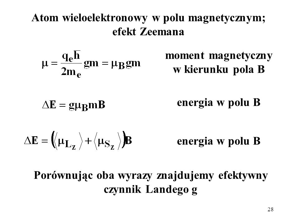Atom wieloelektronowy w polu magnetycznym; efekt Zeemana