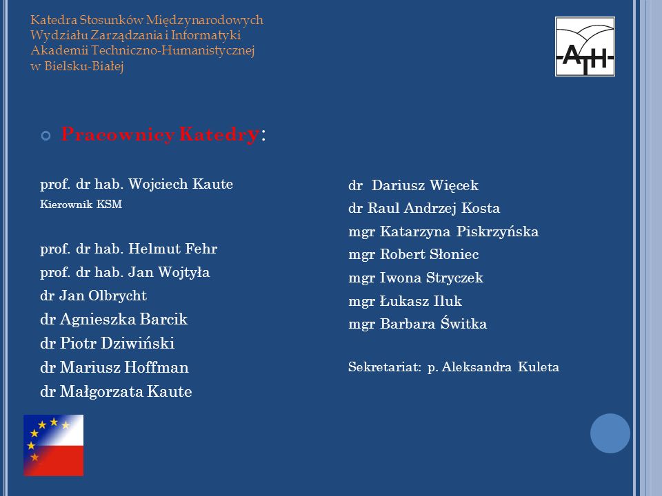 Pracownicy Katedry: dr Agnieszka Barcik dr Piotr Dziwiński