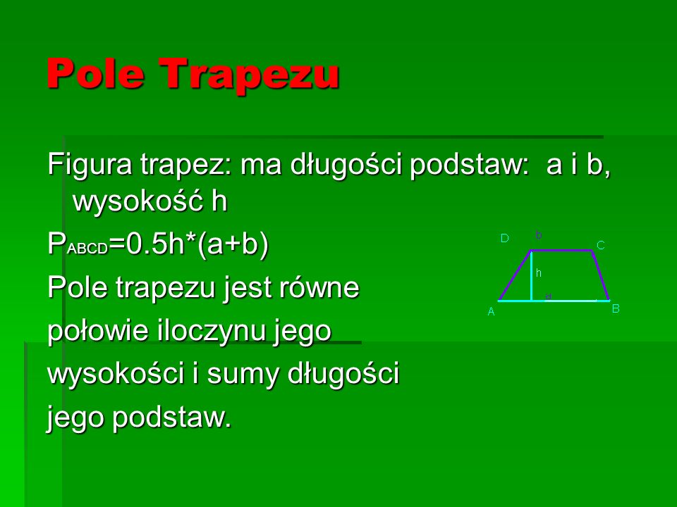 Pole Trapezu Figura trapez: ma długości podstaw: a i b, wysokość h