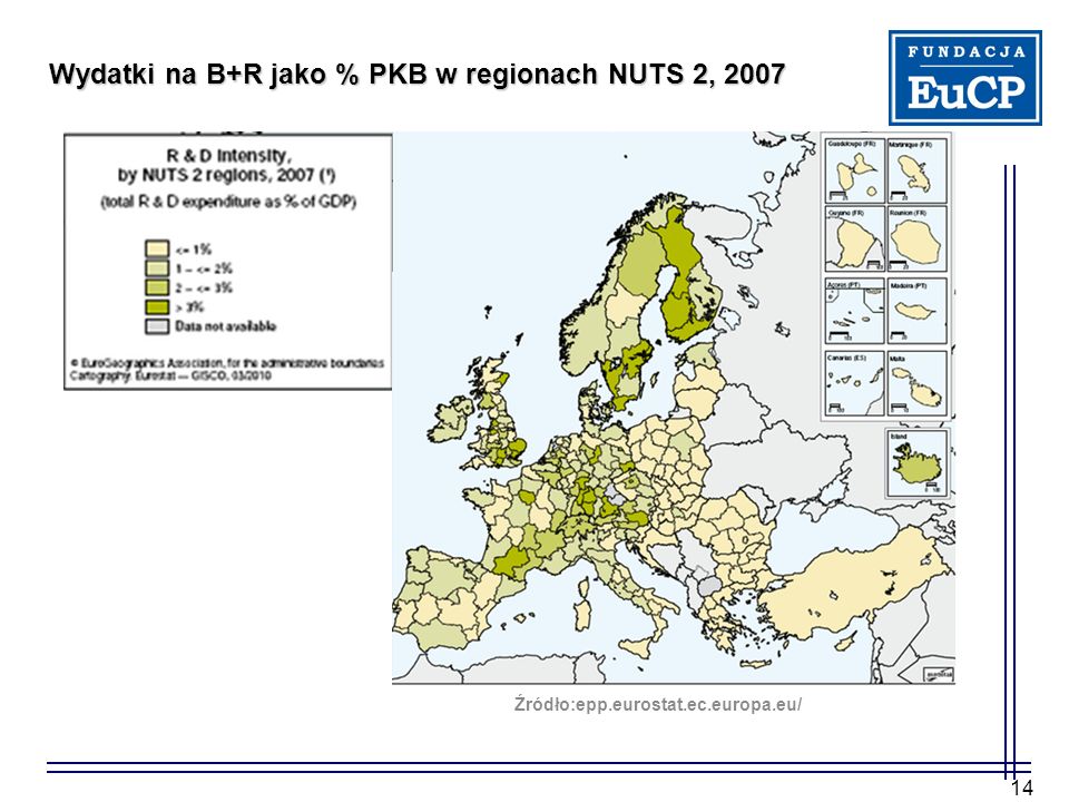 Wydatki na B+R jako % PKB w regionach NUTS 2, 2007
