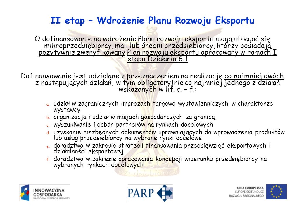II etap – Wdrożenie Planu Rozwoju Eksportu