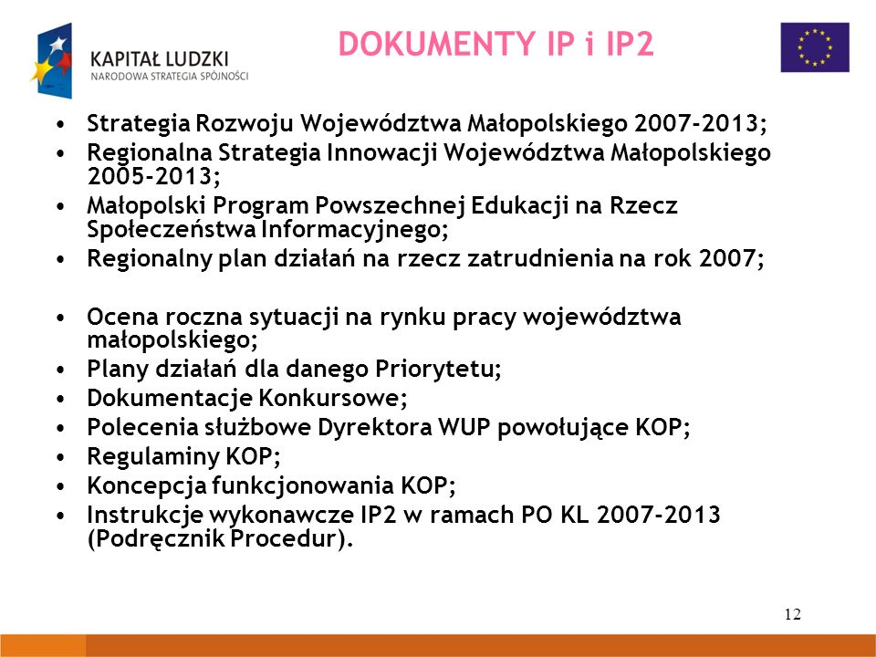 DOKUMENTY IP i IP2 Strategia Rozwoju Województwa Małopolskiego ; Regionalna Strategia Innowacji Województwa Małopolskiego ;