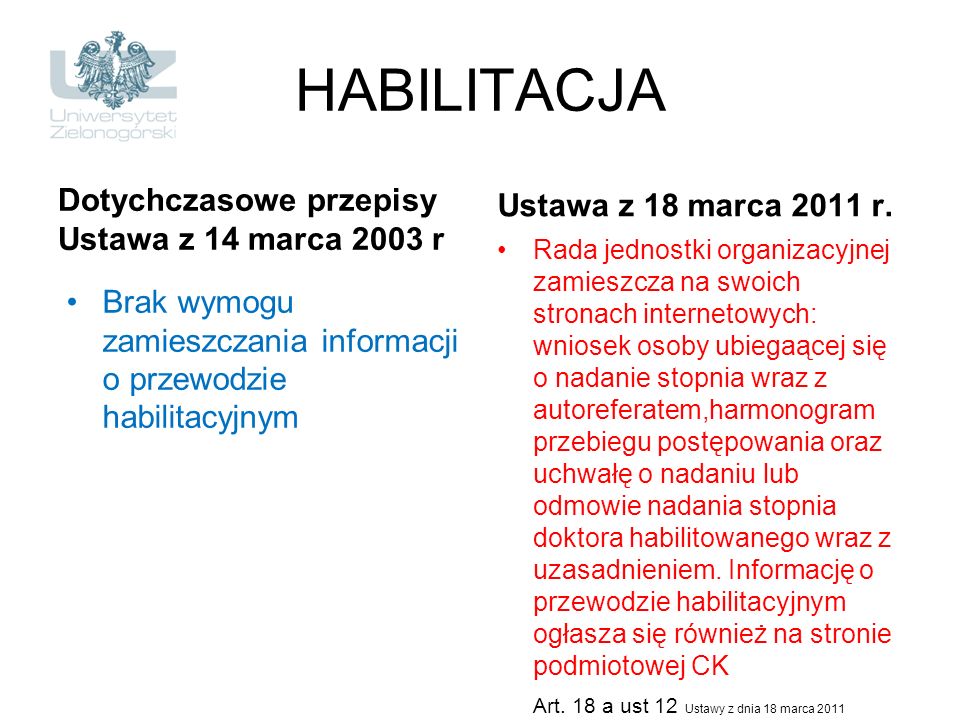 HABILITACJA Dotychczasowe przepisy Ustawa z 18 marca 2011 r.