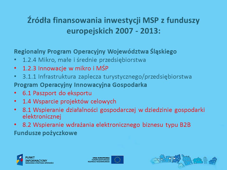 Źródła finansowania inwestycji MSP z funduszy europejskich :