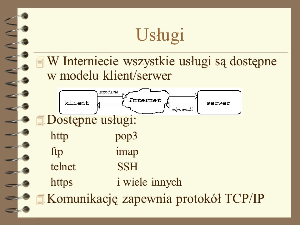 Usługi W Interniecie wszystkie usługi są dostępne w modelu klient/serwer. Dostępne usługi: http pop3.