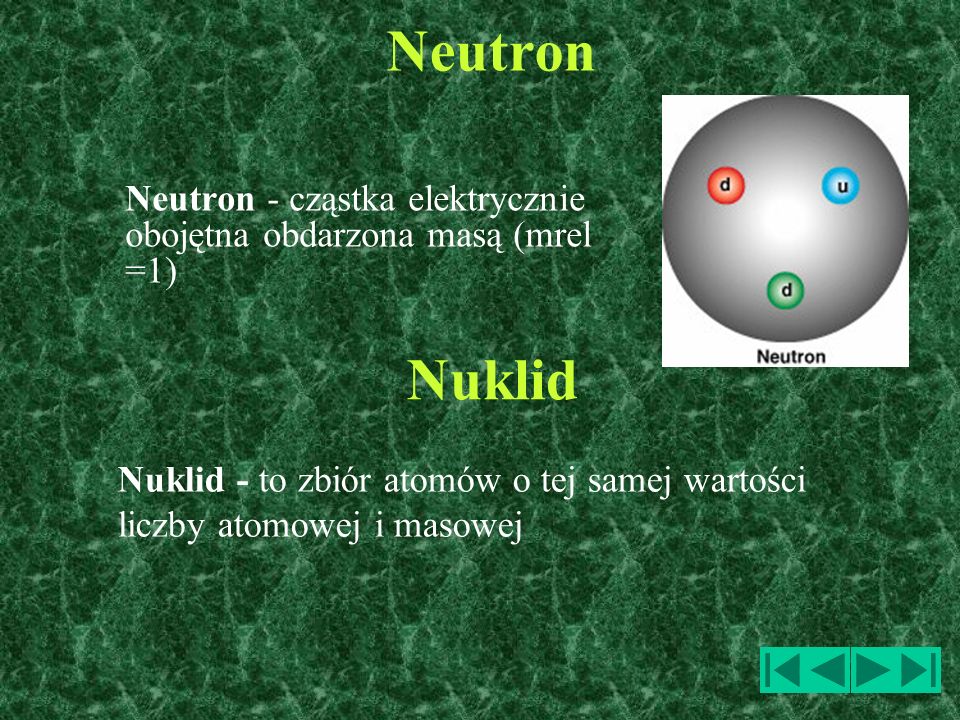 Neutron Neutron - cząstka elektrycznie obojętna obdarzona masą (mrel =1) Nuklid.