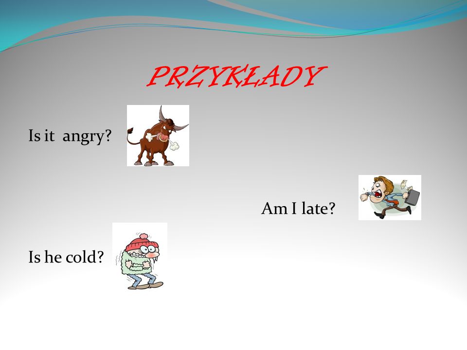PRZYKŁADY Is it angry Am I late Is he cold