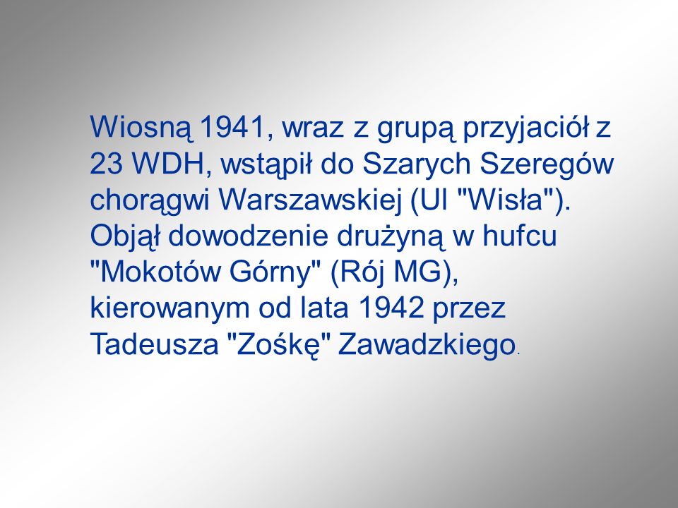 Wiosną 1941, wraz z grupą przyjaciół z 23 WDH, wstąpił do Szarych Szeregów chorągwi Warszawskiej (Ul Wisła ).