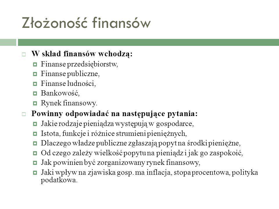 Złożoność finansów W skład finansów wchodzą: