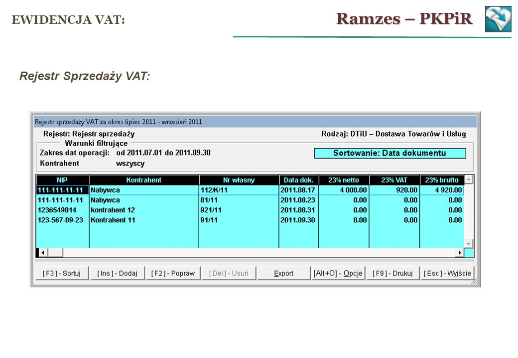 Ramzes – PKPiR EWIDENCJA VAT: Rejestr Sprzedaży VAT: 27