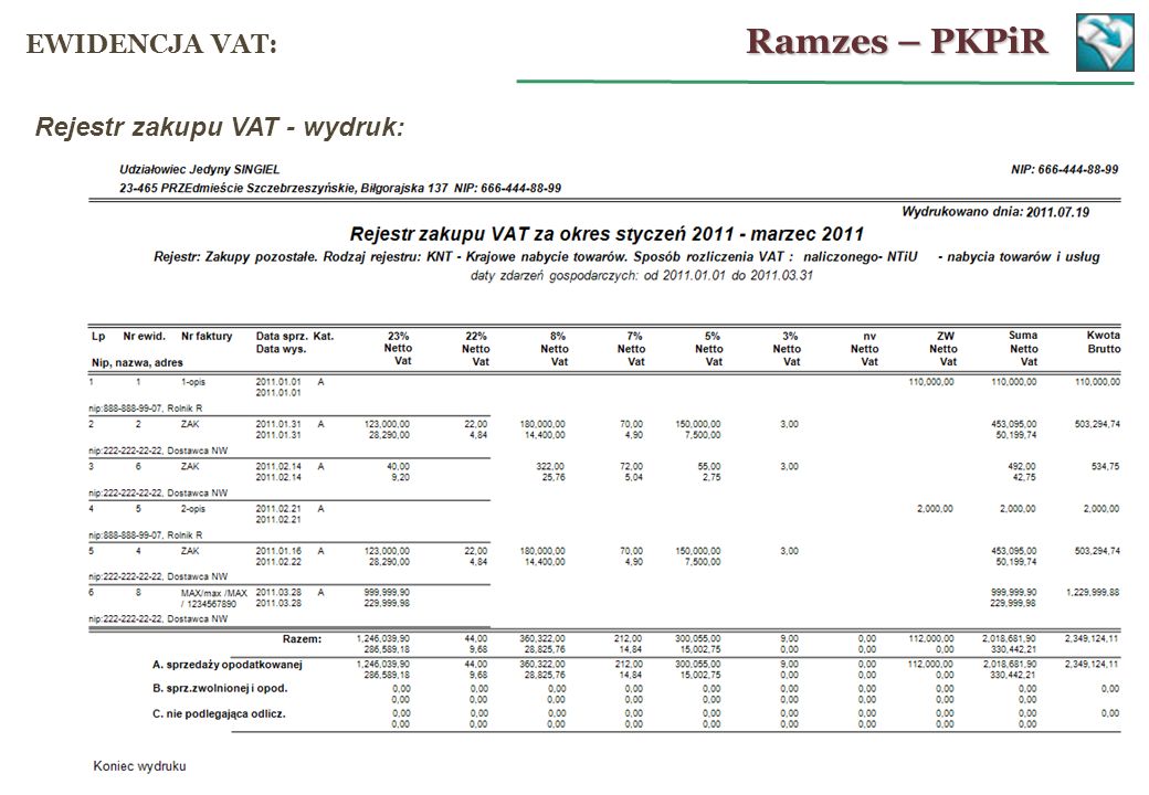 Ramzes – PKPiR EWIDENCJA VAT: Rejestr zakupu VAT - wydruk: 29