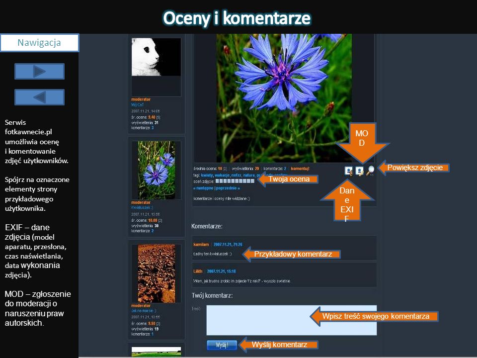 Nawigacja Serwis fotkawnecie.pl umożliwia ocenę i komentowanie zdjęć użytkowników. Spójrz na oznaczone elementy strony przykładowego użytkownika.