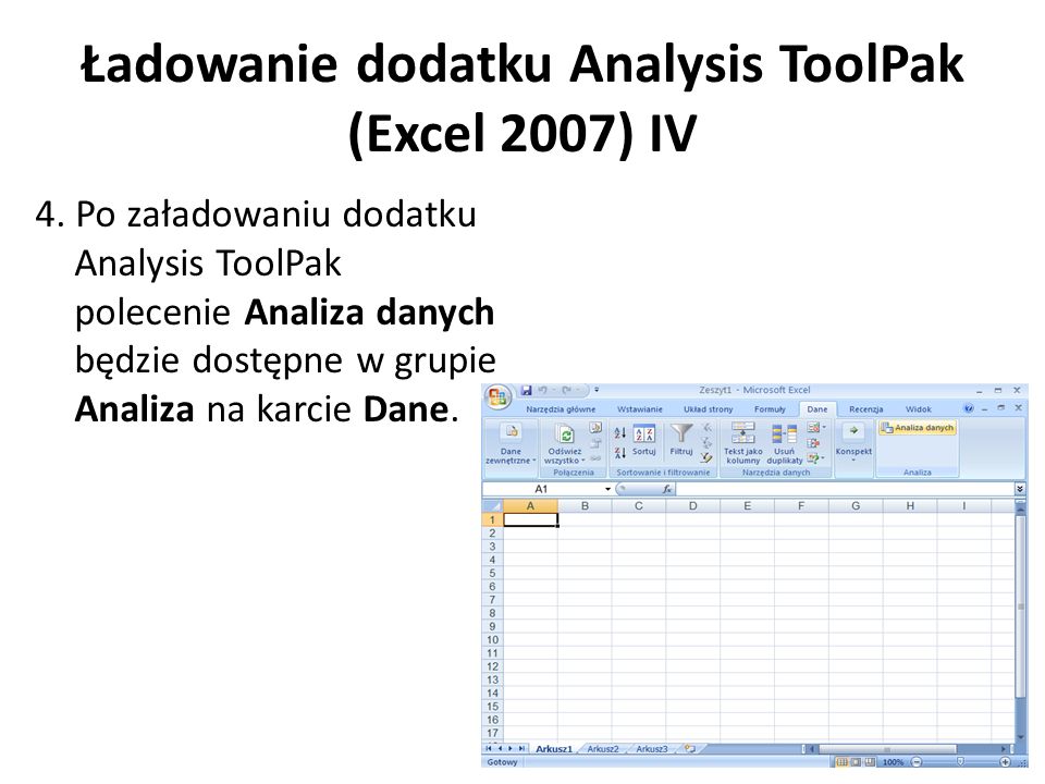 Ładowanie dodatku Analysis ToolPak (Excel 2007) IV