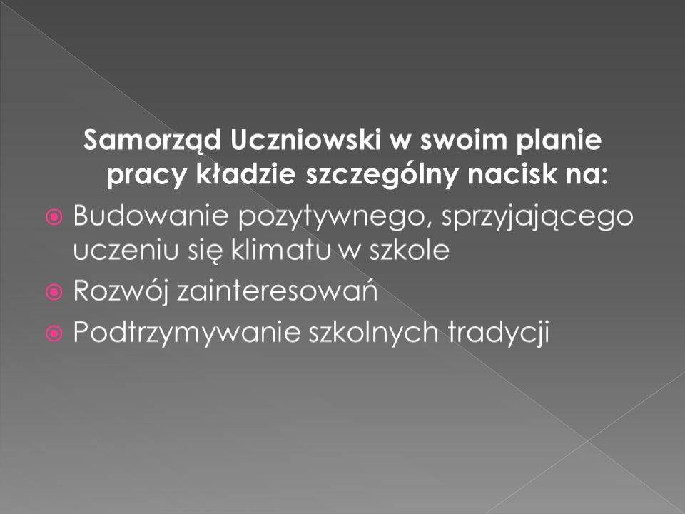 Samorząd Uczniowski w swoim planie pracy kładzie szczególny nacisk na:
