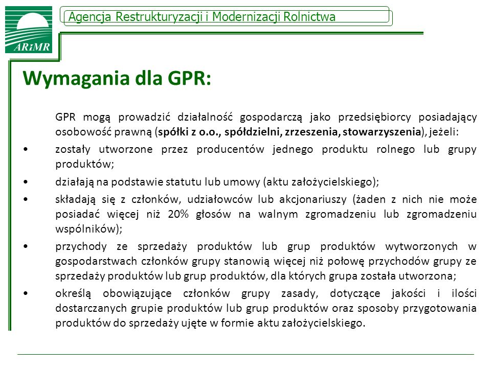 Wymagania dla GPR: Agencja Restrukturyzacji i Modernizacji Rolnictwa