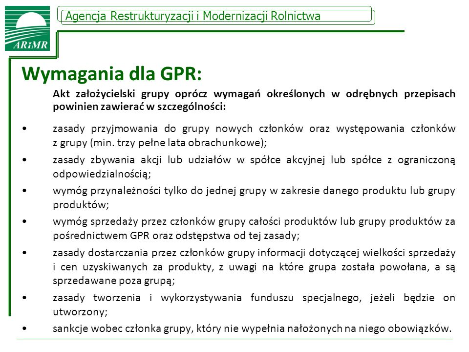 Wymagania dla GPR: Agencja Restrukturyzacji i Modernizacji Rolnictwa
