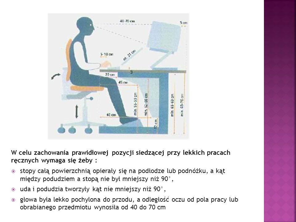 W celu zachowania prawidłowej pozycji siedzącej przy lekkich pracach ręcznych wymaga się żeby :