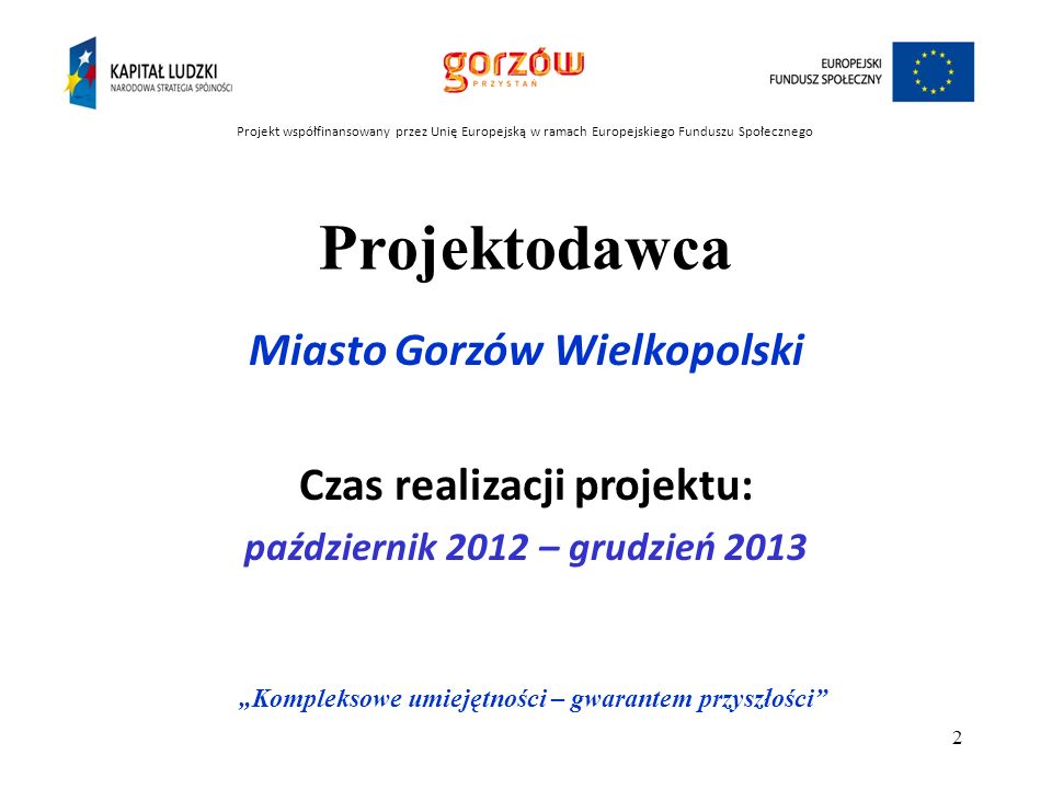 Projektodawca Miasto Gorzów Wielkopolski Czas realizacji projektu: