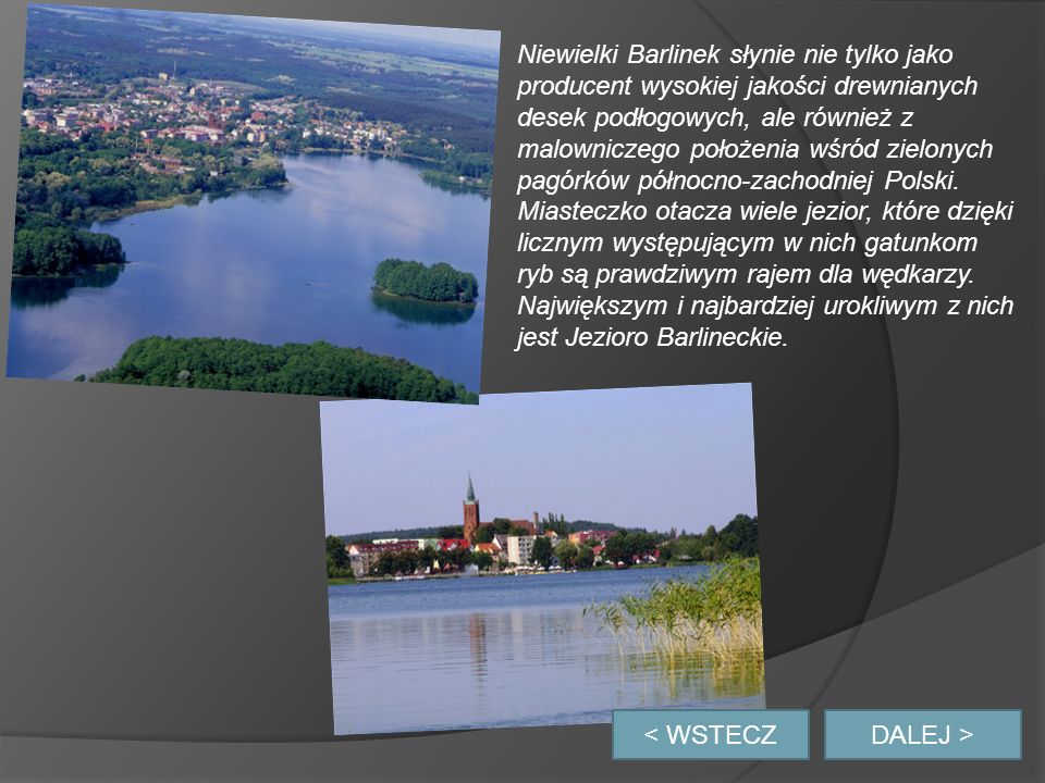 Niewielki Barlinek słynie nie tylko jako producent wysokiej jakości drewnianych desek podłogowych, ale również z malowniczego położenia wśród zielonych pagórków północno-zachodniej Polski. Miasteczko otacza wiele jezior, które dzięki licznym występującym w nich gatunkom ryb są prawdziwym rajem dla wędkarzy. Największym i najbardziej urokliwym z nich jest Jezioro Barlineckie.