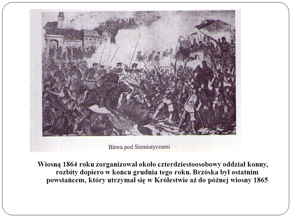 Wiosną 1864 roku zorganizował około czterdziestoosobowy oddział konny, rozbity dopiero w końcu grudnia tego roku.