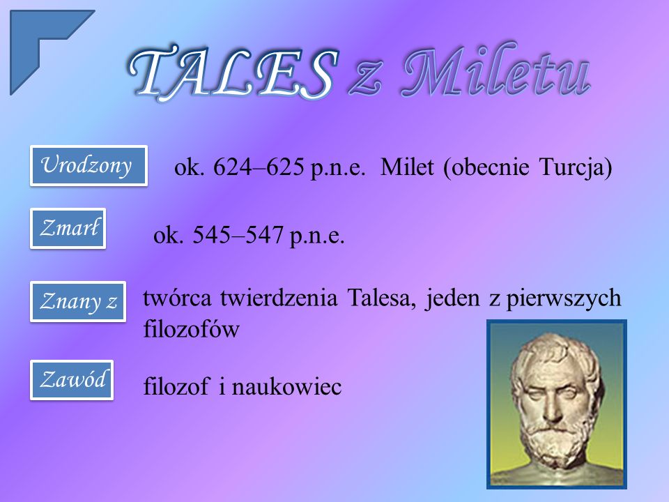 TALES z Miletu Urodzony ok. 624–625 p.n.e. Milet (obecnie Turcja)
