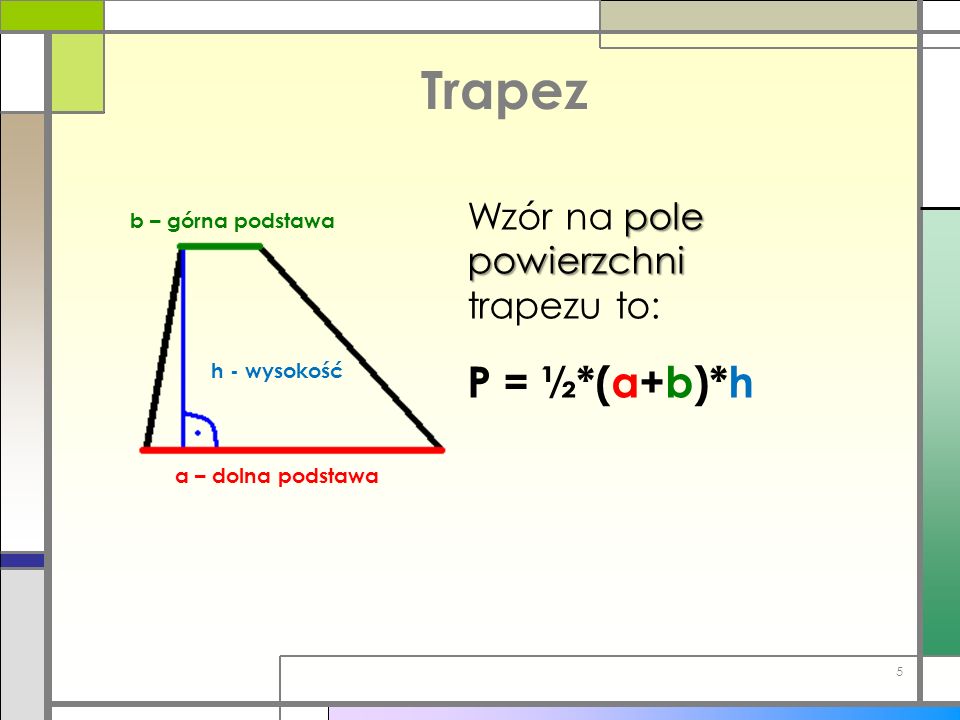 Trapez P = ½*(a+b)*h Wzór na pole powierzchni trapezu to: