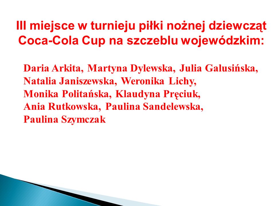 III miejsce w turnieju piłki nożnej dziewcząt Coca-Cola Cup na szczeblu wojewódzkim: