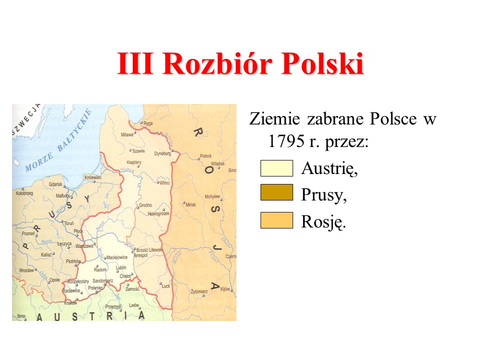 III Rozbiór Polski Ziemie zabrane Polsce w 1795 r. przez: Austrię,