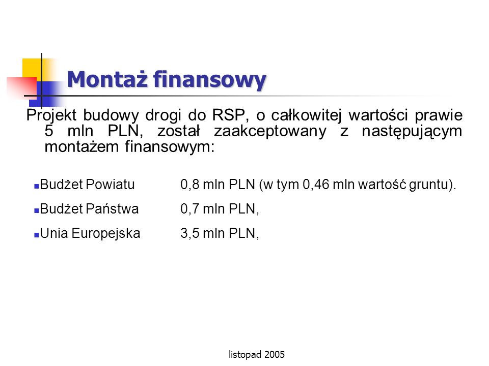 Montaż finansowy Projekt budowy drogi do RSP, o całkowitej wartości prawie 5 mln PLN, został zaakceptowany z następującym montażem finansowym: