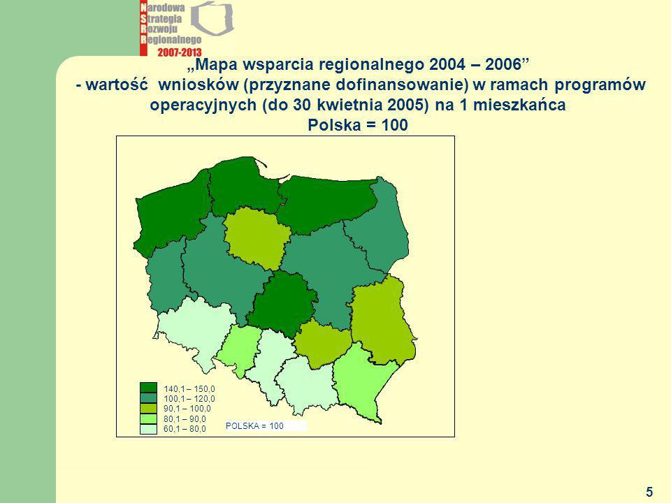 „Mapa wsparcia regionalnego 2004 – wartość wniosków (przyznane dofinansowanie) w ramach programów operacyjnych (do 30 kwietnia 2005) na 1 mieszkańca