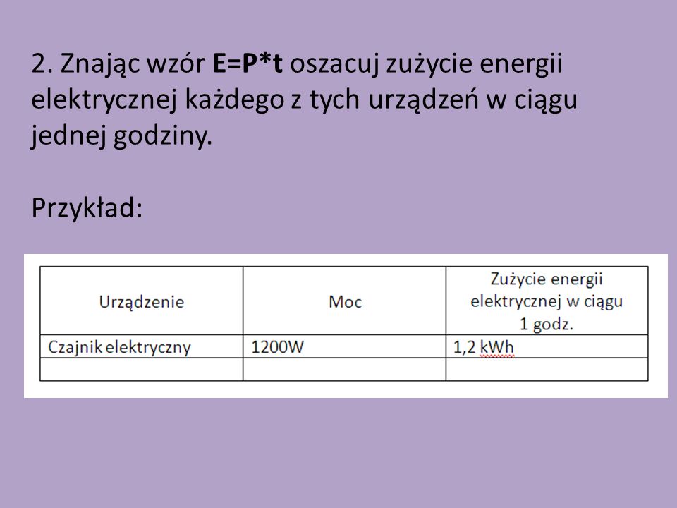 2. Znając wzór E=P*t oszacuj zużycie energii elektrycznej każdego z tych urządzeń w ciągu jednej godziny.