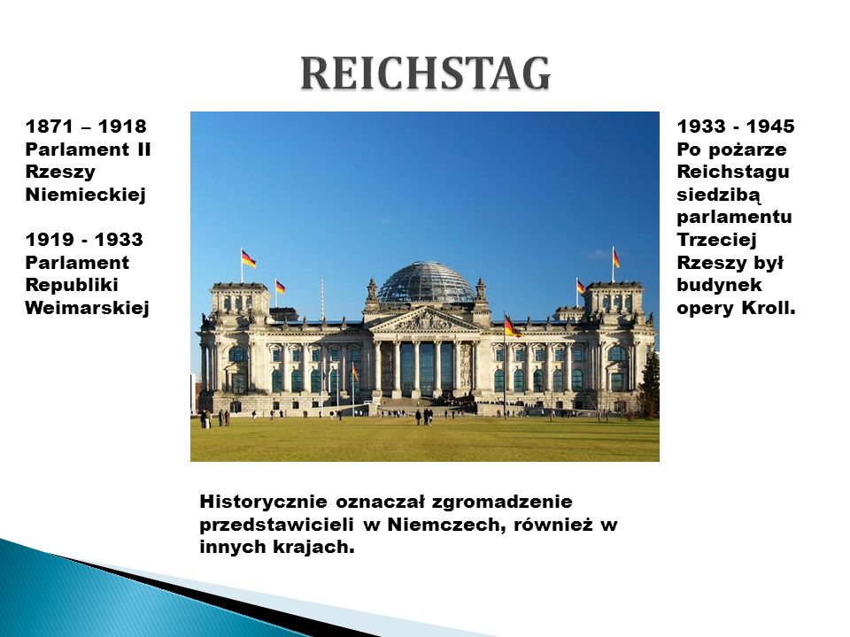 REICHSTAG 1871 – 1918 Parlament II Rzeszy Niemieckiej Parlament Republiki Weimarskiej.