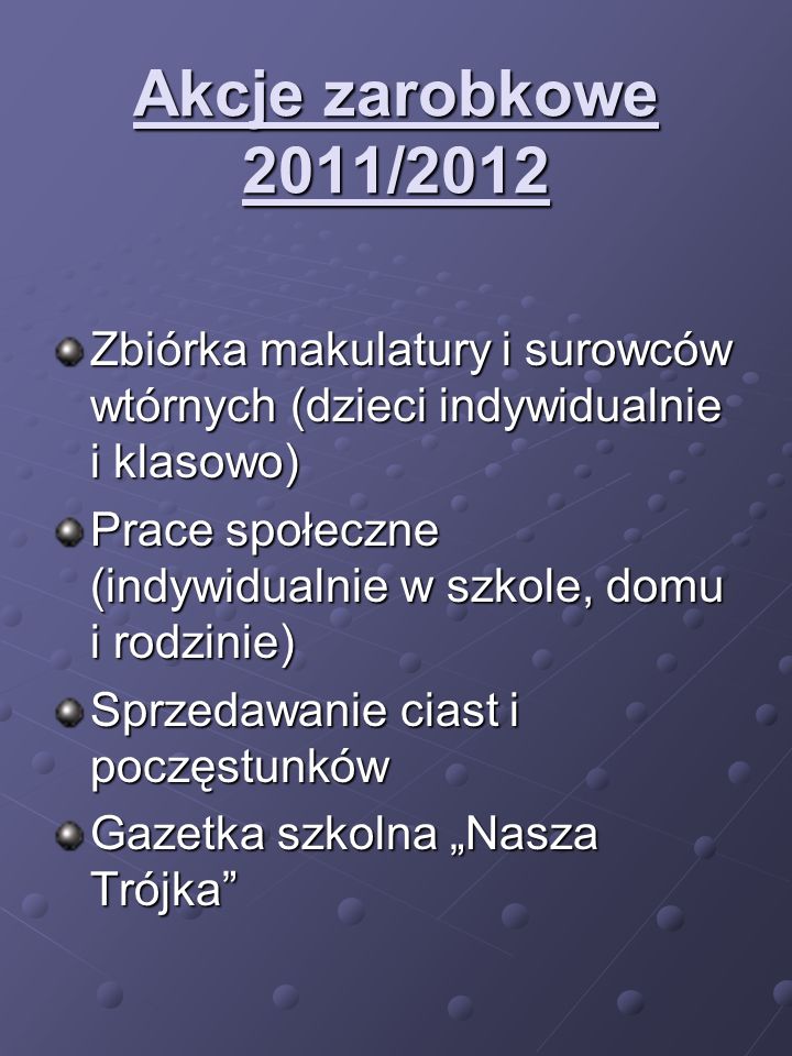 Akcje zarobkowe 2011/2012 Zbiórka makulatury i surowców wtórnych (dzieci indywidualnie i klasowo)