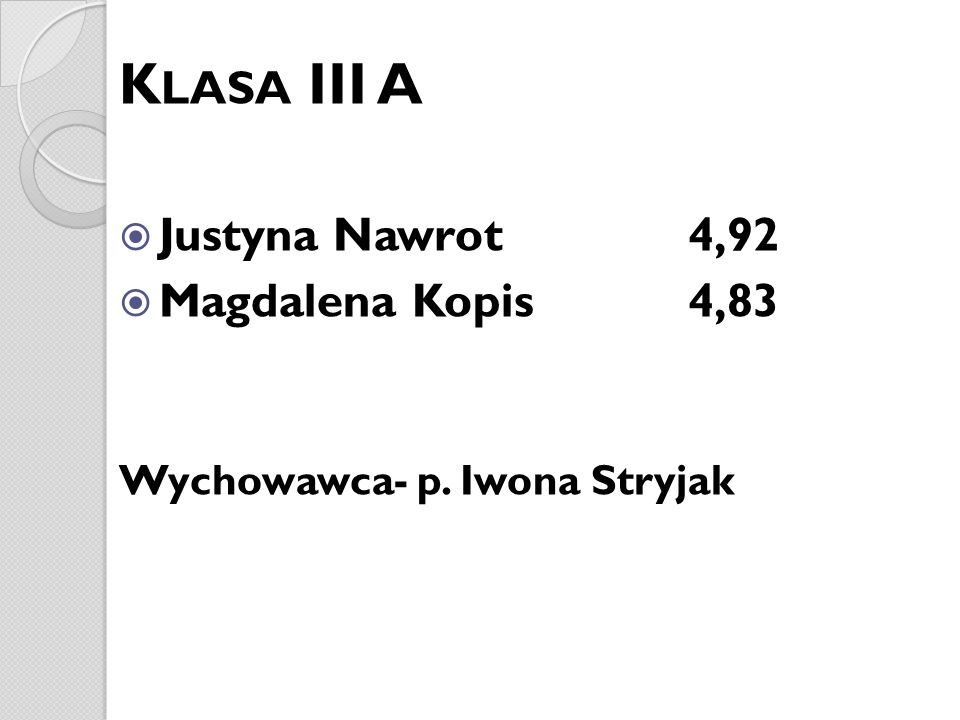 Klasa III A Justyna Nawrot 4,92 Magdalena Kopis 4,83