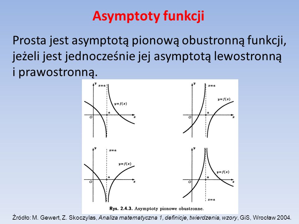 Asymptoty funkcji Prosta jest asymptotą pionową obustronną funkcji, jeżeli jest jednocześnie jej asymptotą lewostronną i prawostronną.