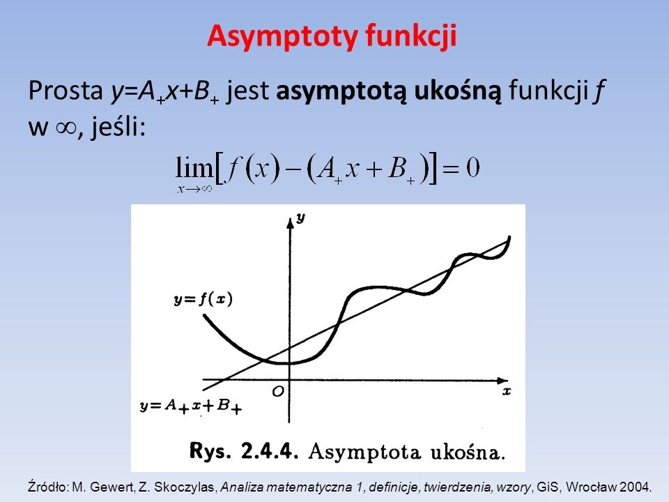 Asymptoty funkcji Prosta y=A+x+B+ jest asymptotą ukośną funkcji f w , jeśli: