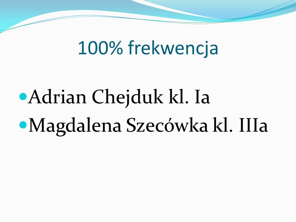 100% frekwencja Adrian Chejduk kl. Ia Magdalena Szecówka kl. IIIa