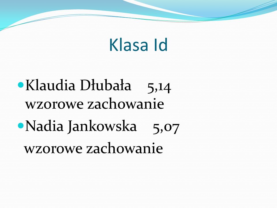 Klasa Id Klaudia Dłubała 5,14 wzorowe zachowanie Nadia Jankowska 5,07