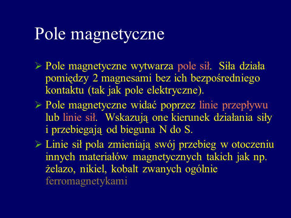 Pole magnetyczne Pole magnetyczne wytwarza pole sił. Siła działa pomiędzy 2 magnesami bez ich bezpośredniego kontaktu (tak jak pole elektryczne).