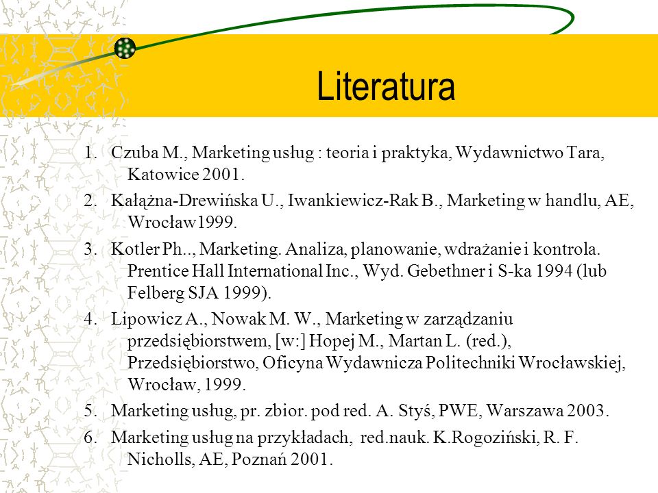 Literatura 1. Czuba M., Marketing usług : teoria i praktyka, Wydawnictwo Tara, Katowice