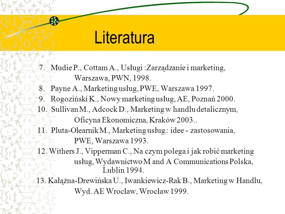 Literatura 7. Mudie P., Cottam A., Usługi :Zarządzanie i marketing,