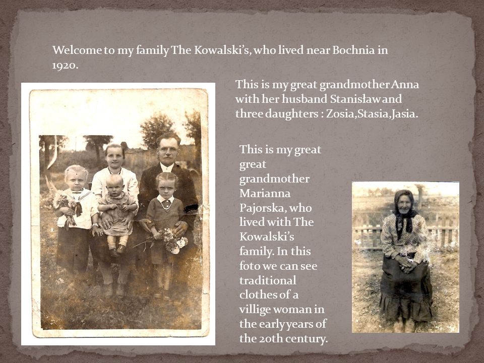 Welcome to my family The Kowalski’s, who lived near Bochnia in 1920.