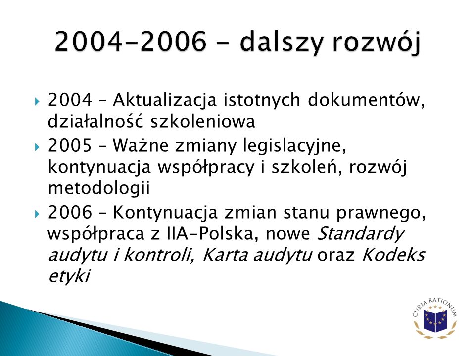 dalszy rozwój 2004 – Aktualizacja istotnych dokumentów, działalność szkoleniowa.