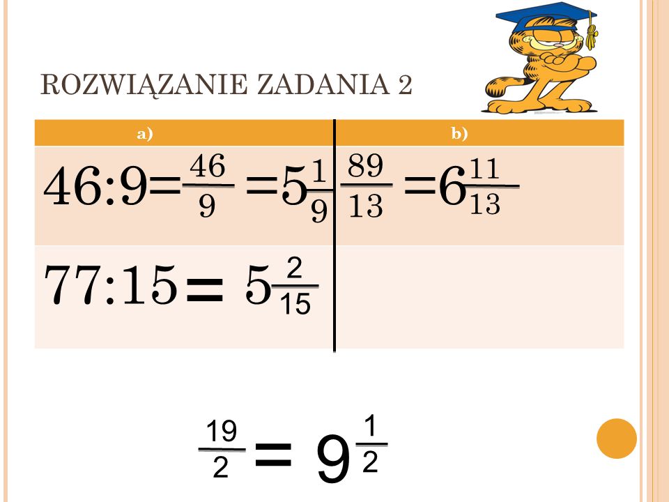 ROZWIĄZANIE ZADANIA 2 a) b) 46:9= =5 =6 77: = = 9 20