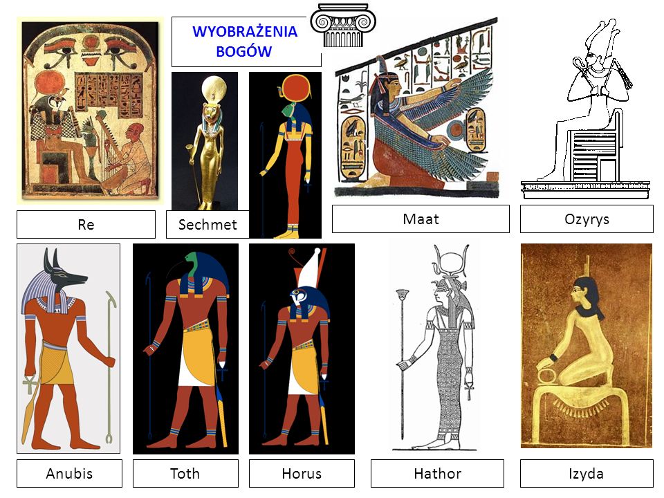 WYOBRAŻENIA BOGÓW Maat Ozyrys Re Sechmet Anubis Toth Horus Hathor Izyda