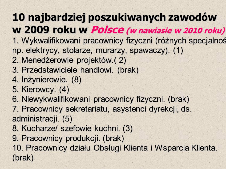 10 najbardziej poszukiwanych zawodów w 2009 roku w Polsce (w nawiasie w 2010 roku) 1.
