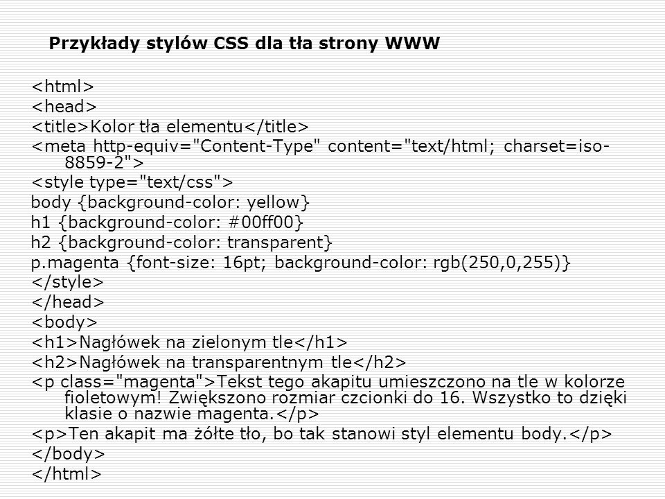Przykłady stylów CSS dla tła strony WWW