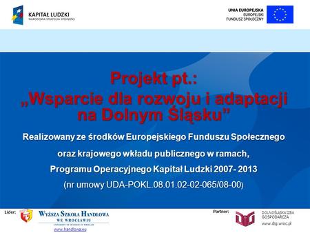 Projekt pt.: Wsparcie dla rozwoju i adaptacji na Dolnym Śląsku Realizowany ze środków Europejskiego Funduszu Społecznego oraz krajowego wkładu publicznego.