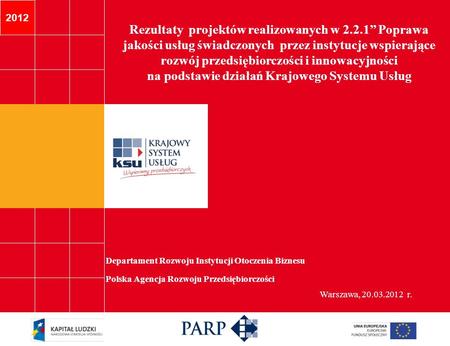 2012 Departament Rozwoju Instytucji Otoczenia Biznesu Polska Agencja Rozwoju Przedsiębiorczości Rezultaty projektów realizowanych w 2.2.1 Poprawa jakości.
