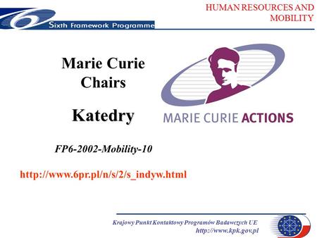 HUMAN RESOURCES AND MOBILITY Krajowy Punkt Kontaktowy Programów Badawczych UE  Marie Curie ChairsKatedry FP6-2002-Mobility-10